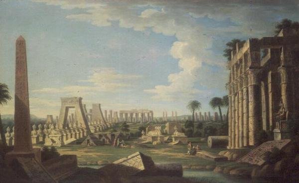 Capriccio med egyptiske ruiner (olje på panel) av French School