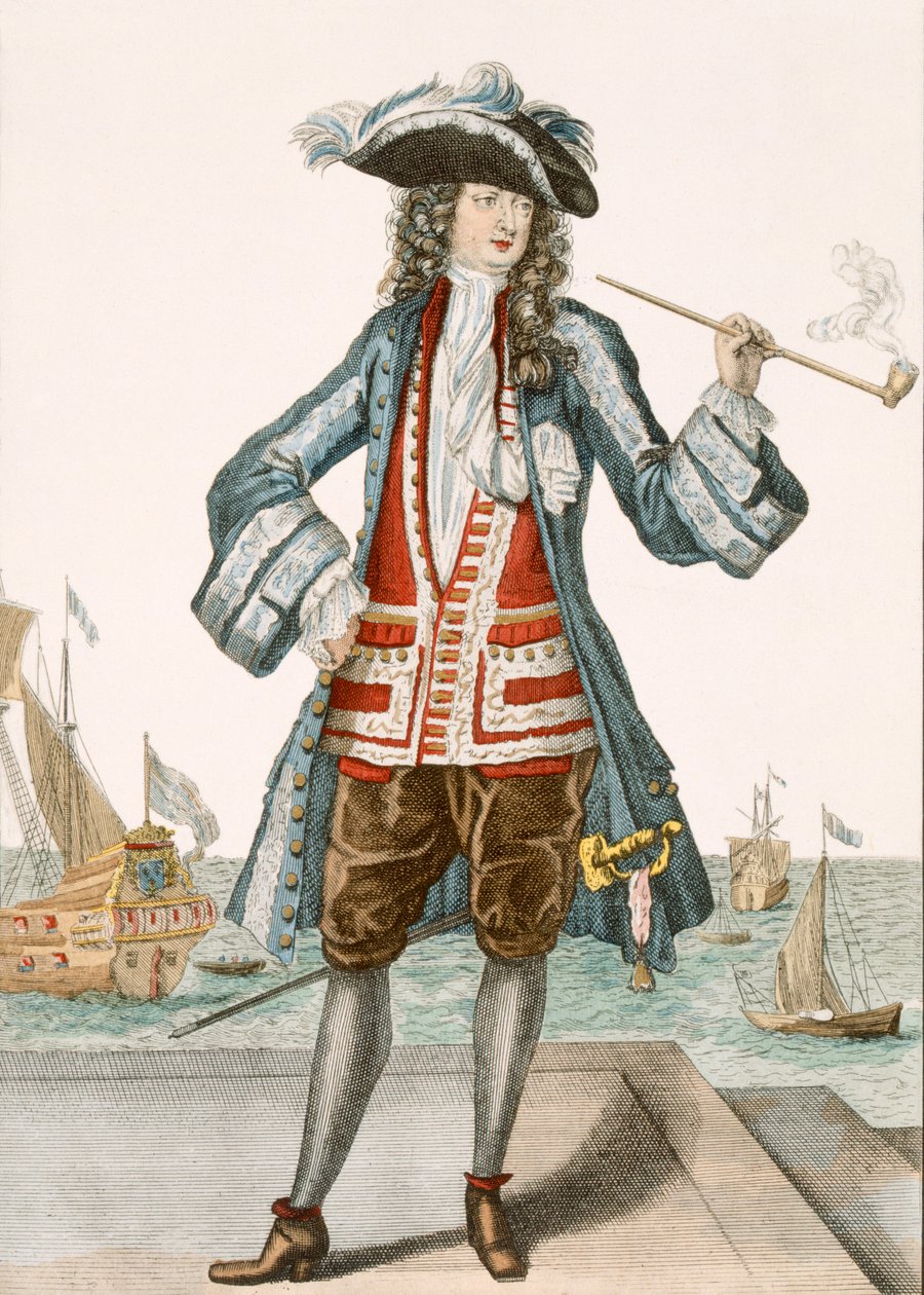 Kaptein Jean Bart av Dunkerque 88:Le Capitaine Jean Baert de Dunquerque, kapteinen på flåten, står og røyker en lang pipe på kaien; Jean Bart (1651-1702), flamsk sjømann w av French School