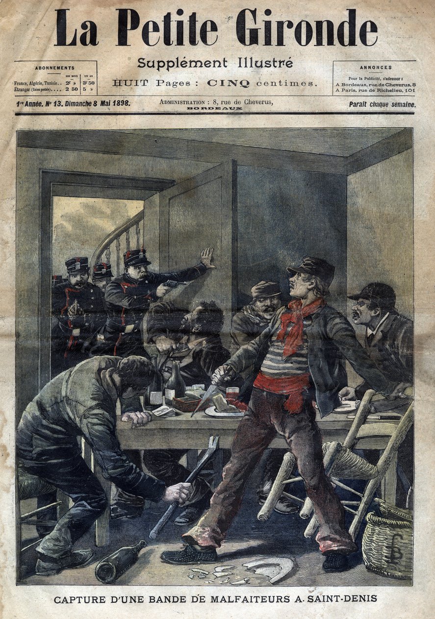 Fangst av en gjeng kriminelle i Saint-Denis (Saint Denis) i 1898. Forside av "" La petite Gironde"" av 8. mai av French School