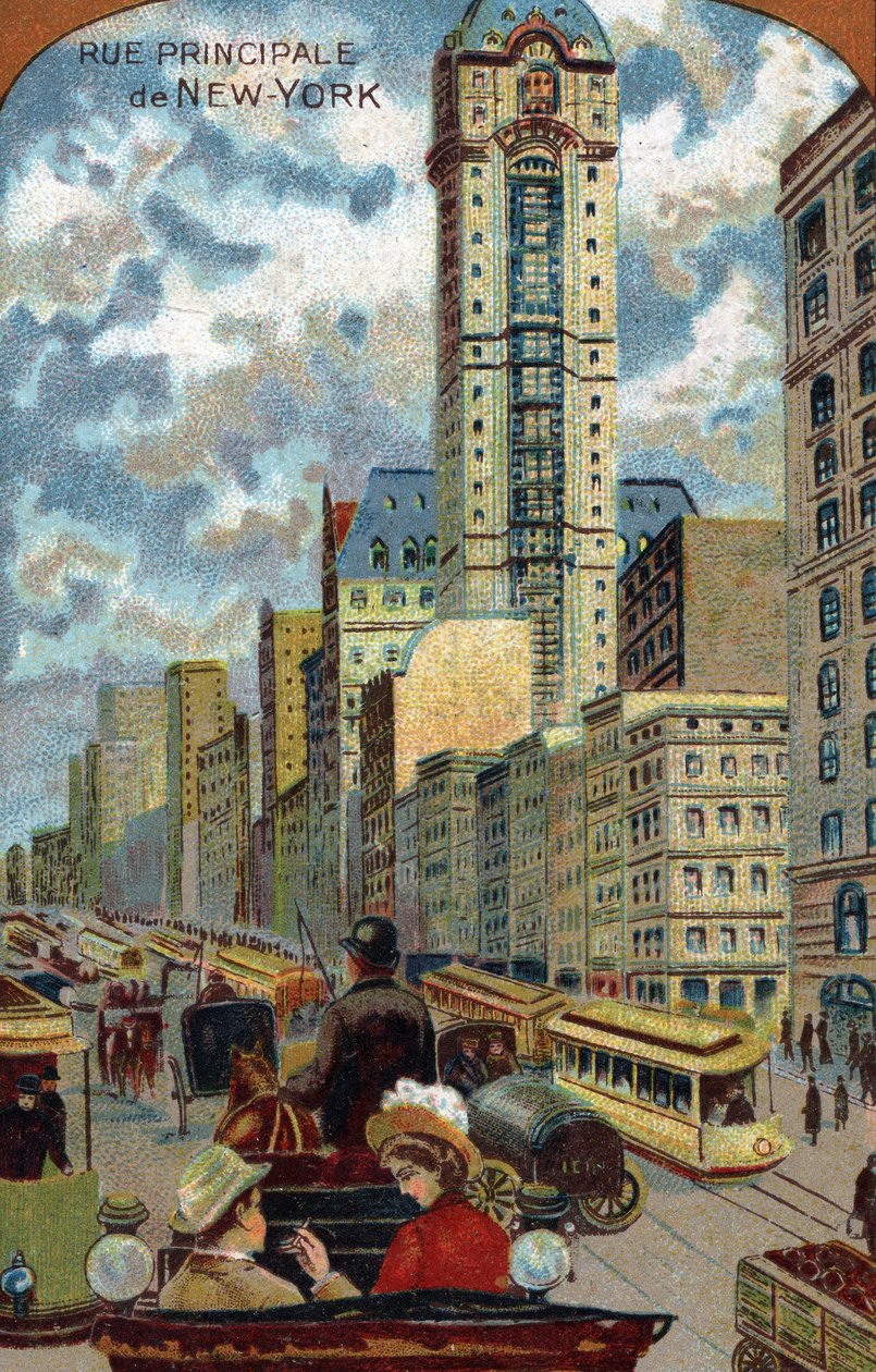Biltrafikk i Broadway, Main Street of New York (New York) (Trafikkstopp på Broadway Avenue, Manhattan) 1800-talls kromolitografi privat samling av French School