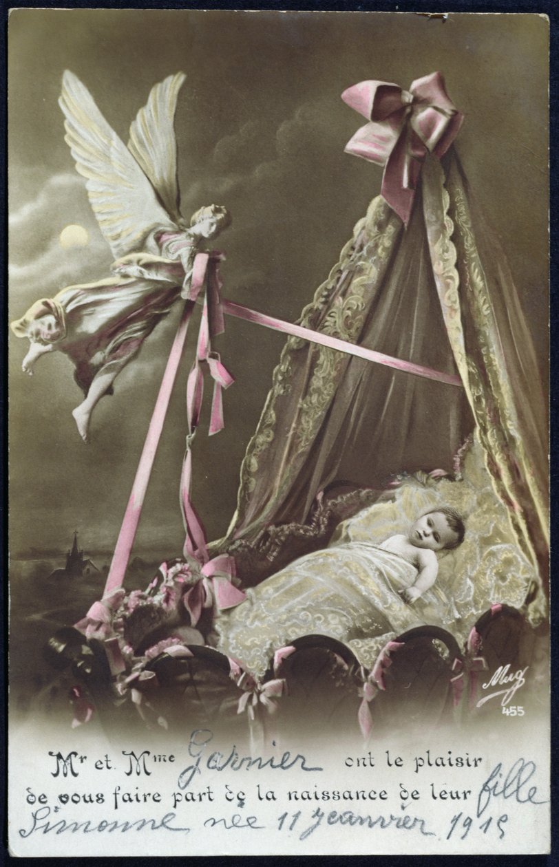 Kort som kunngjør fødselen av en baby, 11. januar 1915 (farget bilde) av French School