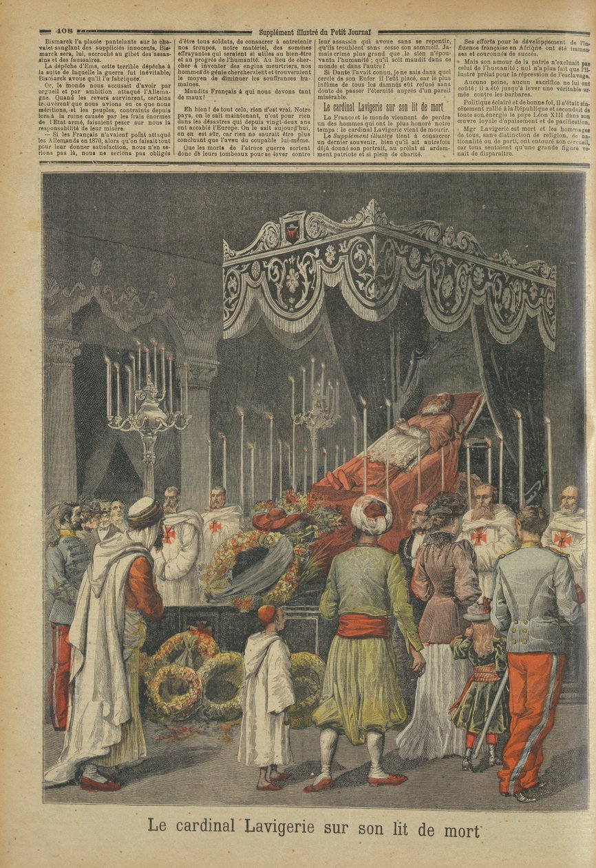 Kardinal Lavigerie (1825-92) på sitt dødsleie, fra Le Petit Journal, 17. desember 1892 av French School