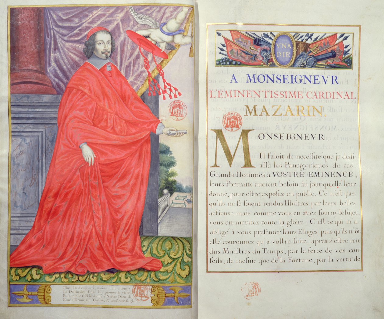Kardinal Mazarin, illustrasjon og dedikasjon fra The Panegyrics of the Illustrious Men of Our Century av Puget de la Serre, 1655 av French School