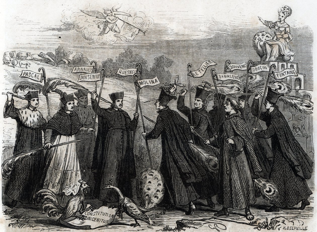 Karikatur om Unigenitus en apostolisk grunnlov i form av en pavelig okse kunngjort av pave Clement XI i 1713, åpnet den siste fasen av Jansenist-kontroversen i Frankrike 1713 (gravering) av French School