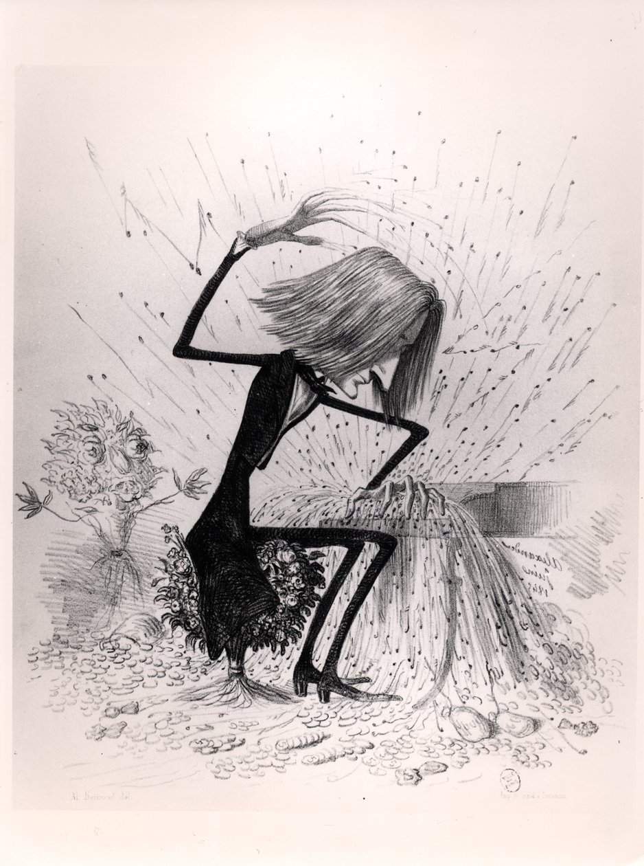 Karikatur som viser Franz Liszt (1811-86) som spiller piano, 1845 av French School