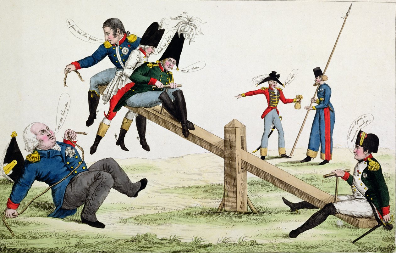Karikatur som viser Ludvig XVIII (1755-1824) Napoleon (1769-1821) og de allierte på tidspunktet for Cent-Jours i 1815 av French School