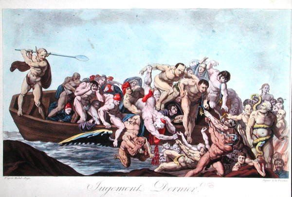 Karikatur som skildrer Napoleon (1769-1821) ved den siste dommen, ca. 1815 (litho-farge) av French School