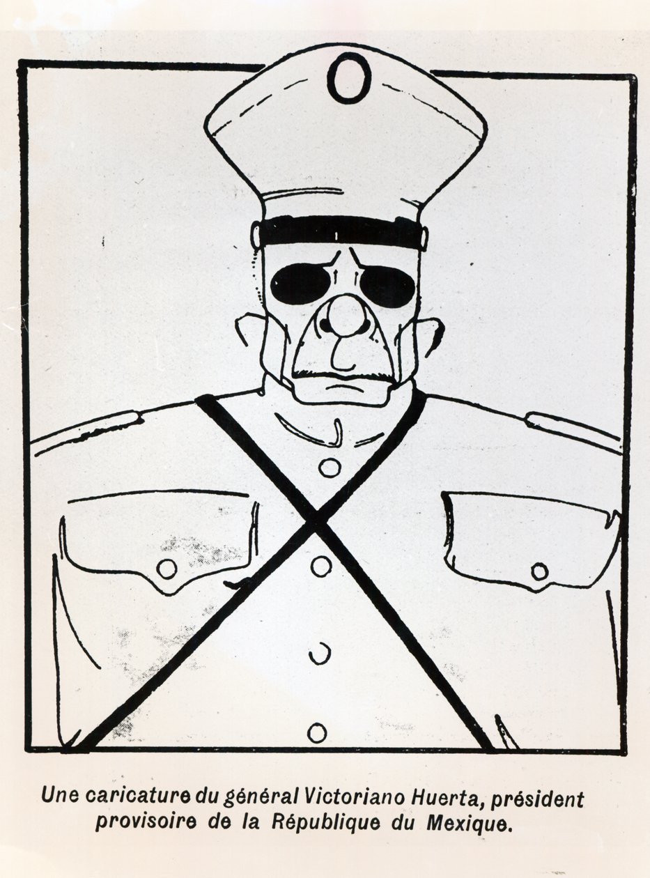 Karikatur av general Victoriano Huerta (1854-1916) fungerende president for republikken Mexico, illustrasjon fra Le Monde Illustre, publisert 1. mars 1913 av French School