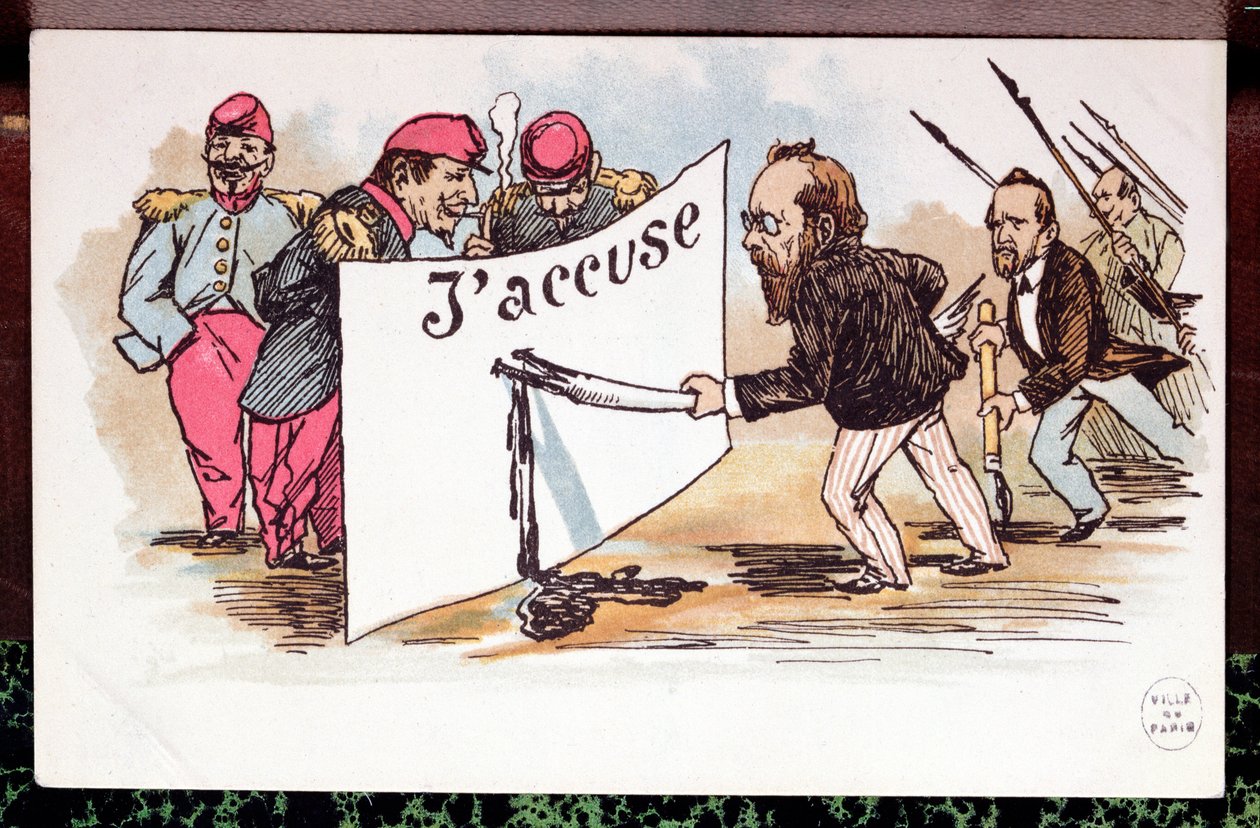 Karikatur av JAccuse, artikkel skrevet av Emile Zola (1840-1902) til forsvar for Alfred Dreyfus, 1898 av French School