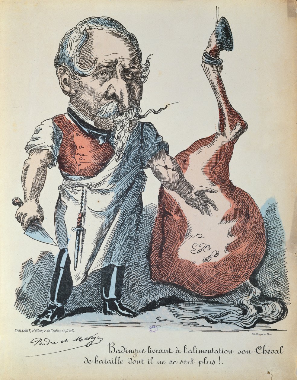 Karikatur av Napoleon III (1808-73) som hesteslakter under beleiringen av Paris, 1870 av French School