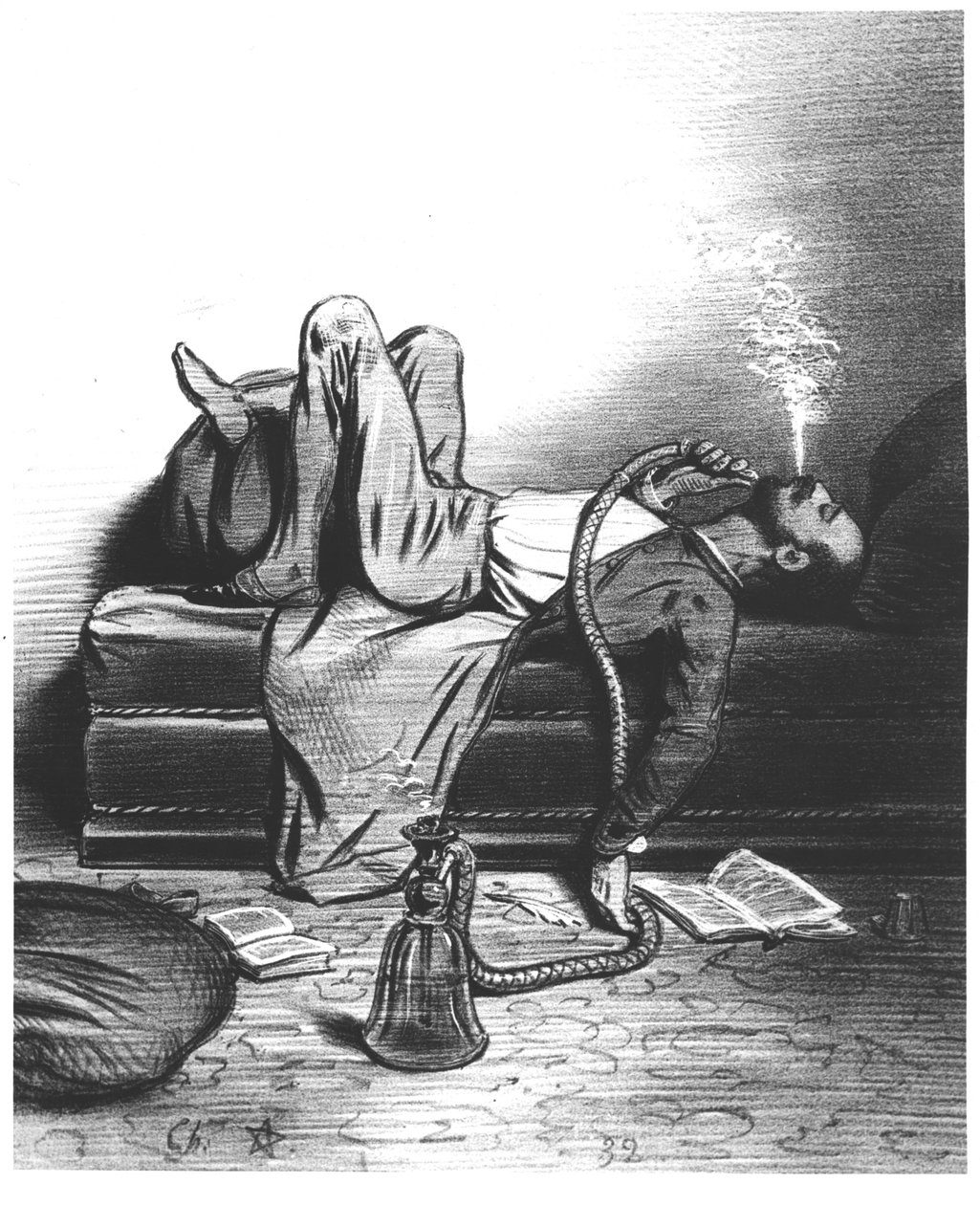 Karikatur av den romantiske forfatteren som søker sin inspirasjon i hasj, ca. 1849 av French School