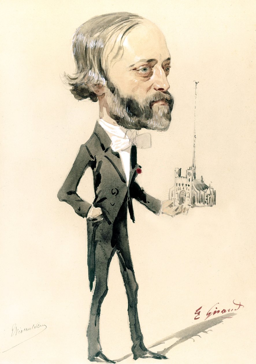 Karikatur av arkitekten, Eugène Emmanuel Viollet-le-Duc (farge litho) av French School