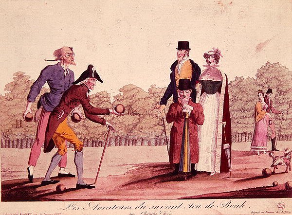 Karikatur av bollespillet (Le Jeu de Boules), tidlig på det nittende århundre (farge litho) av French School