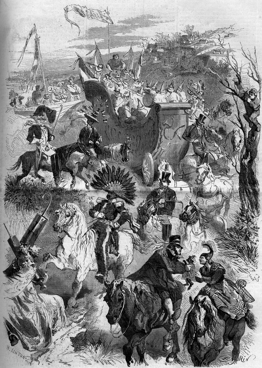 Karneval i Mardi Gras, Frankrike, 8. mars 1859: nedstigning til Paris av maskeraden til Sevres. Gravering i "" Le Monde Illustré"" nr. 100 av 19. mars 1859. av French School