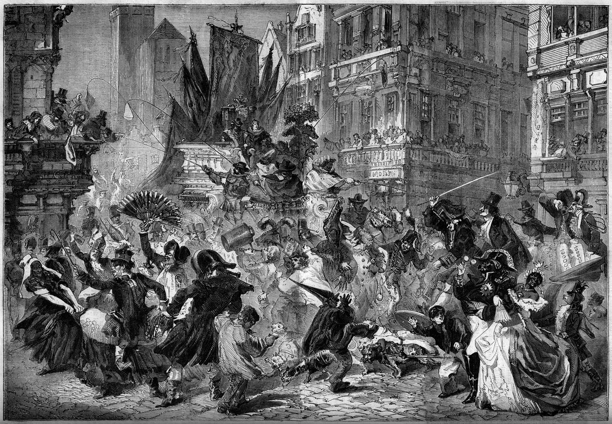 Karnevalsscene i gatene i Antwerpen (Belgia) i 1860. Gravering i “” Le Monde Illustré”” nr. 151 av 3. mars 1860. av French School