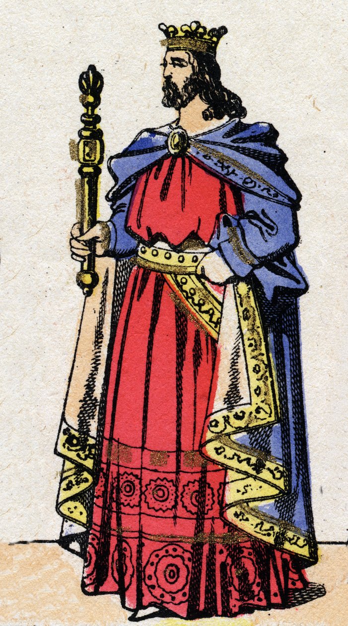 Karolingisk dynasti: Portrett av Ludvig IV, kjent som Outremer (921-954), kongen av frankene fra 936 til 954. Epinal avbildning fra slutten av 1800-tallet. Privat samling. av French School
