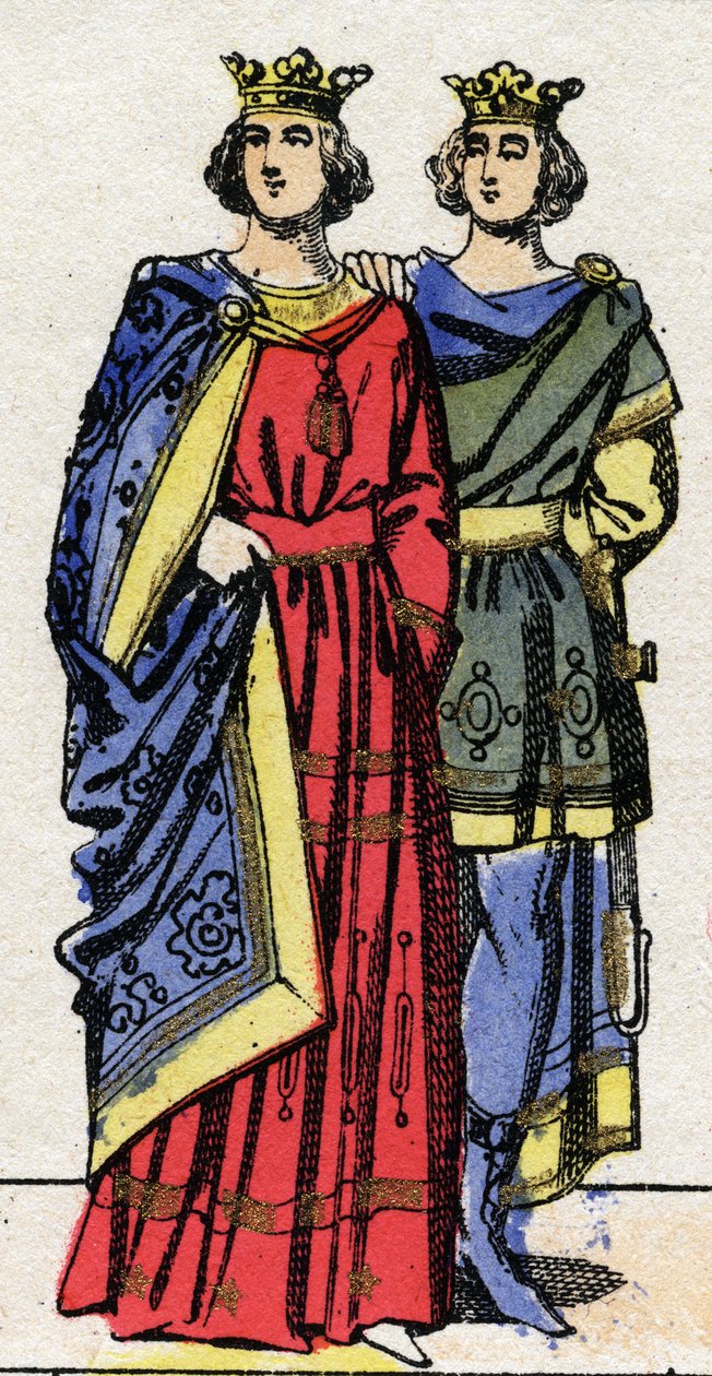 Karolingisk dynasti: Portretter av Ludvig III (v. 863-882), kongen av frankerne fra 879 til 882 og av Carloman II (867-884), kongen av frankerne fra 879 til 884. Epinal avbildning fra slutten av det 19. århundre. Privat samling. av French School