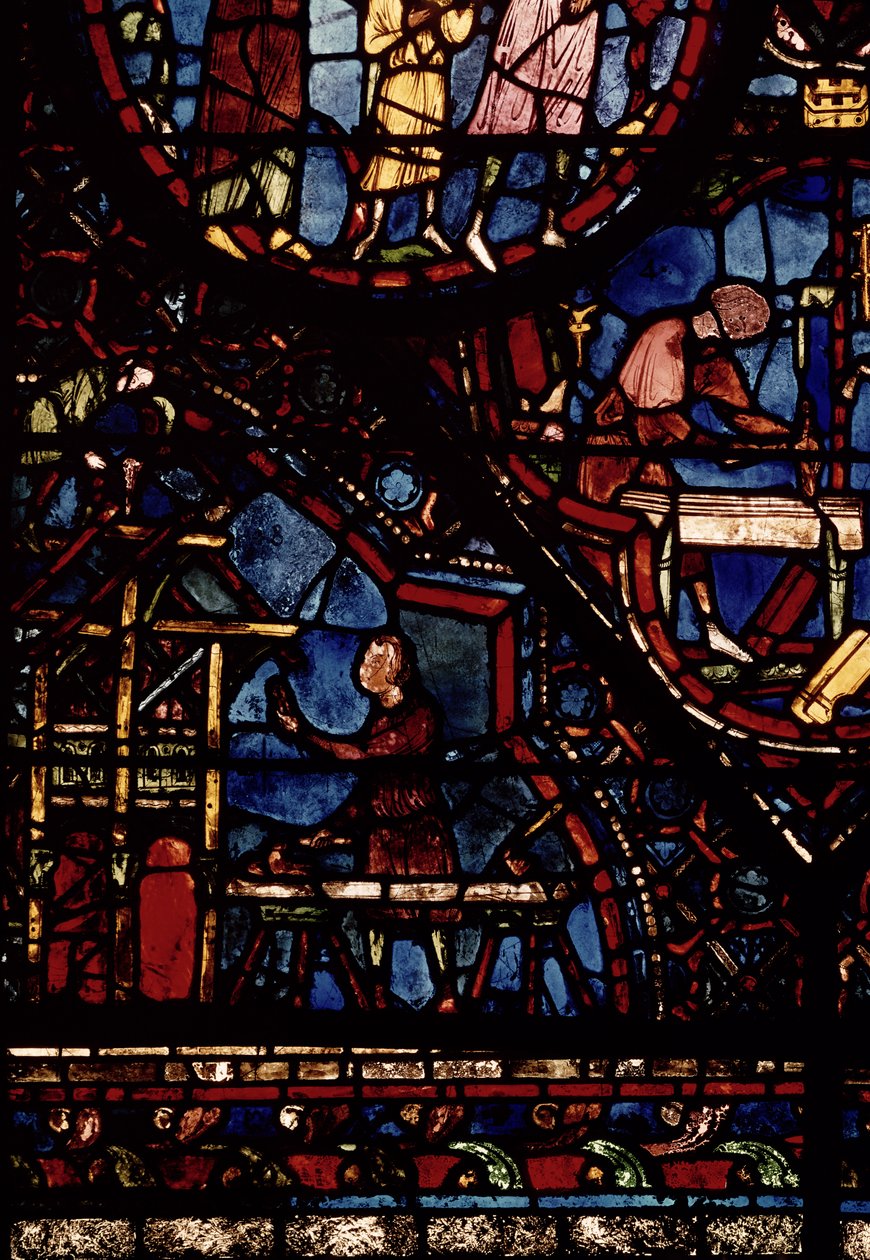 Snekkere på jobb, detalj fra Life of St. Julian the Hospitaller-vinduet i nordambulatoriet av French School