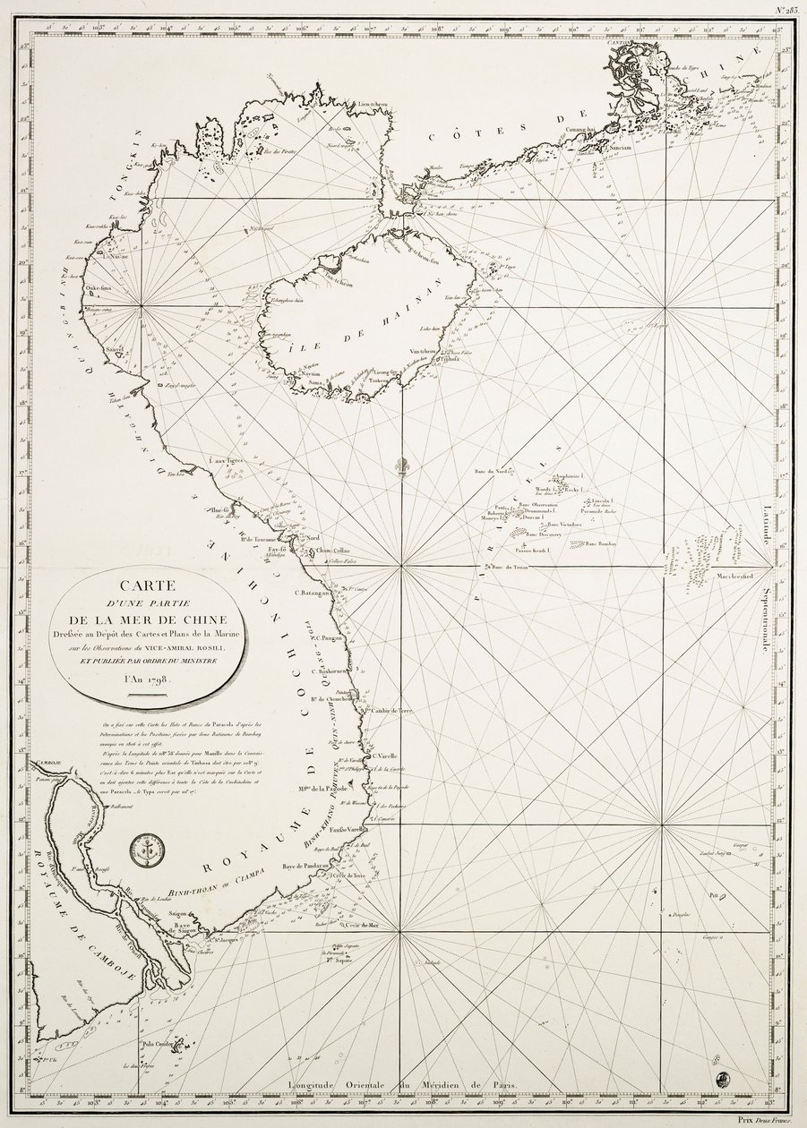 Kart over en del av Kinahavet tegnet ved Depot des Cartes et Plans de la Marine, basert på observasjoner fra viseadmiral Rosili, og publisert etter ordre fra ministeren i år 1798. av French School