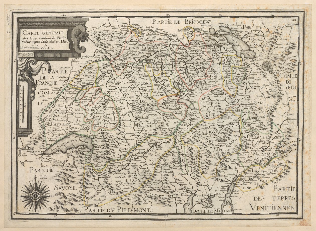 Generelt kart over de tretten kantonene i Sveits, Vallay, Ligues, Grise, Maison-Dieu og Valteline av French School