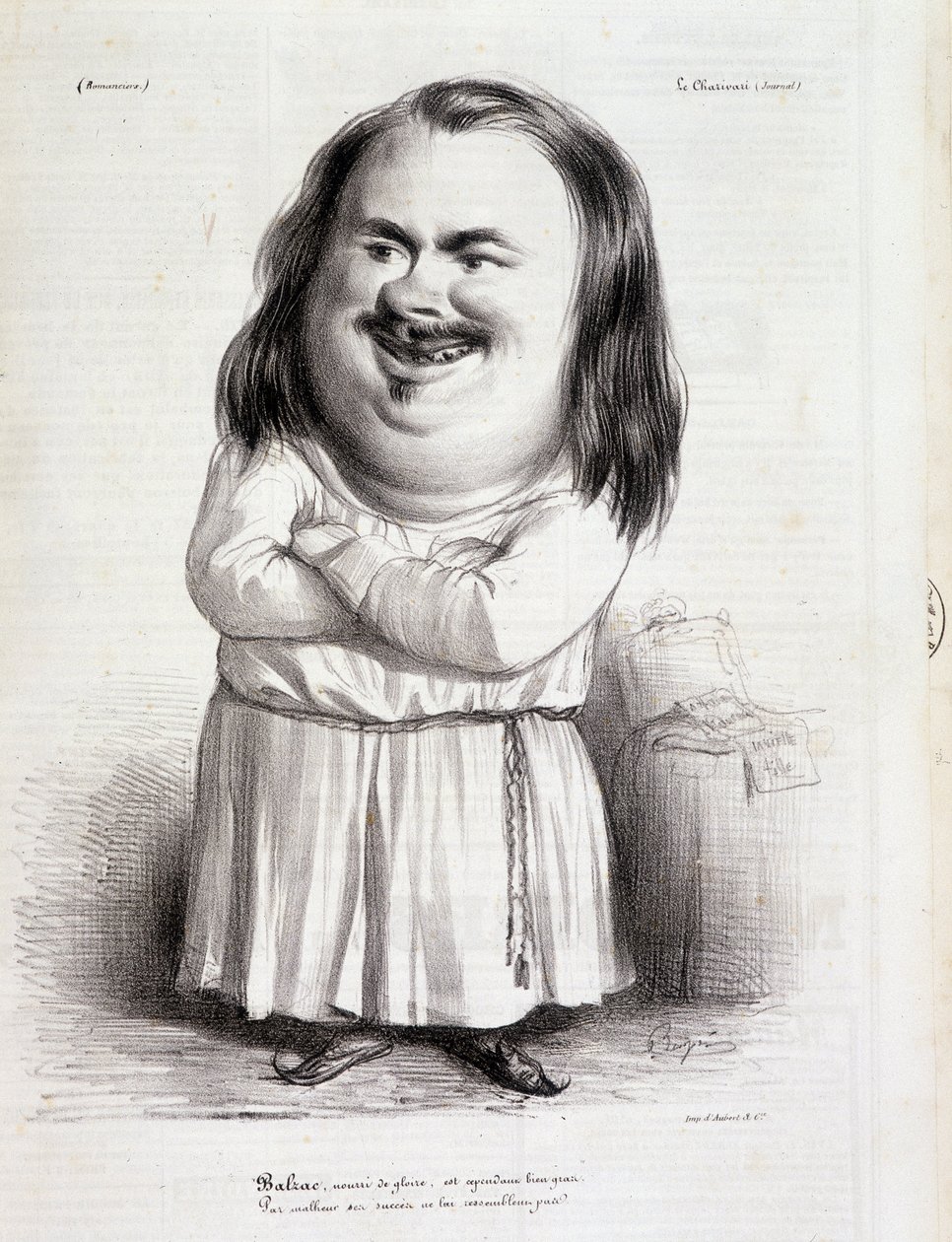 Tegneserie av Honore de Balzac (1799-1850) og munk - i "Charivari"" fra 12.10.1838 B.H.V.P. av French School