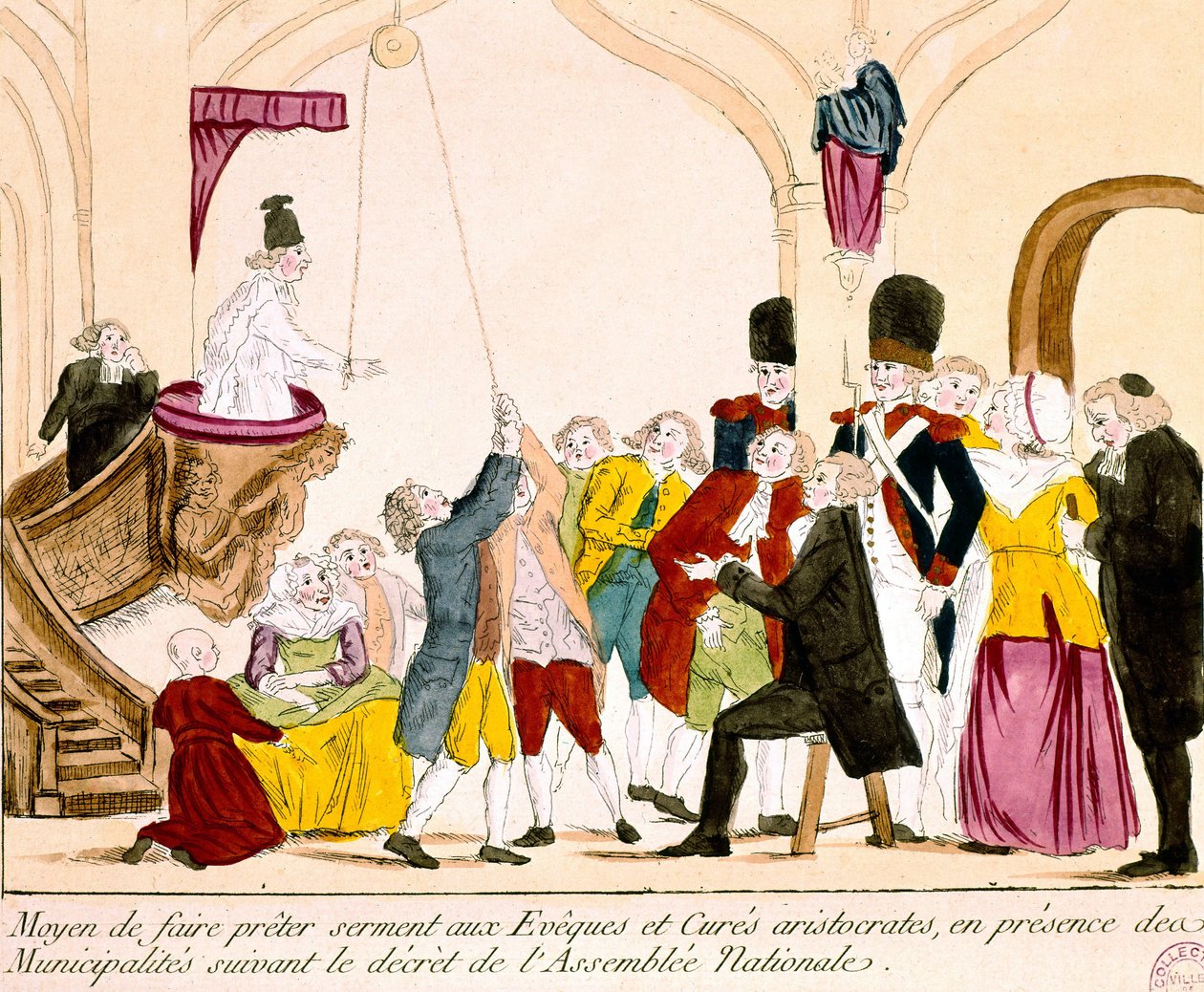 Tegneserie som viser franske aristokrater og presteskap som avlegger ed om troskap til republikken (farget gravering) av French School