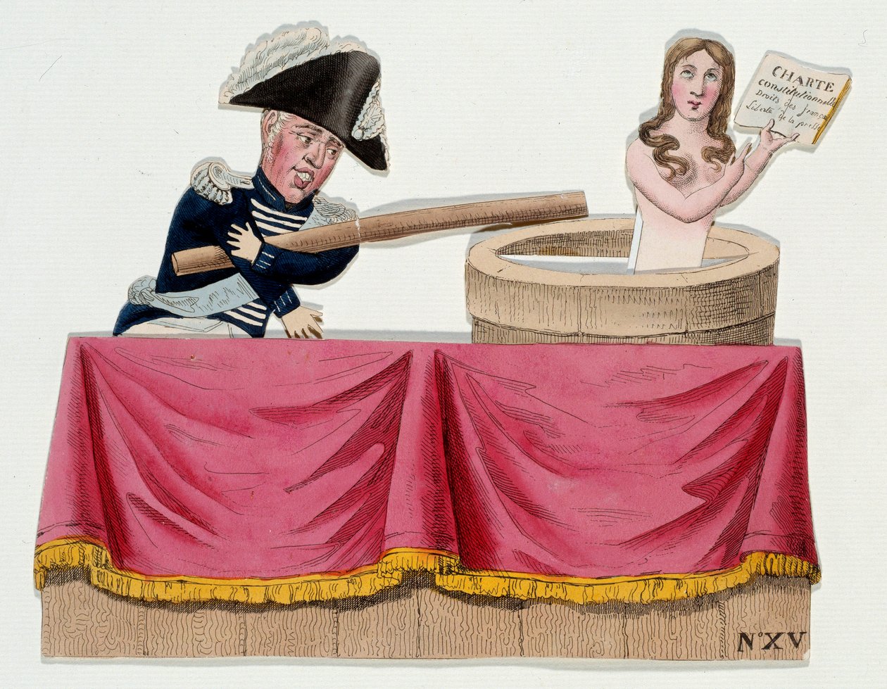 Tegneserie som viser kong Charles X (1757-1836) i form av guignols som benektet det konstitusjonelle charteret på den tiden da kongen avskaffet pressefriheten i juli 1830 (Saint Cloud-ordinanser). Gravering rundt 1830. Paris, Musee Carnavalet av French School