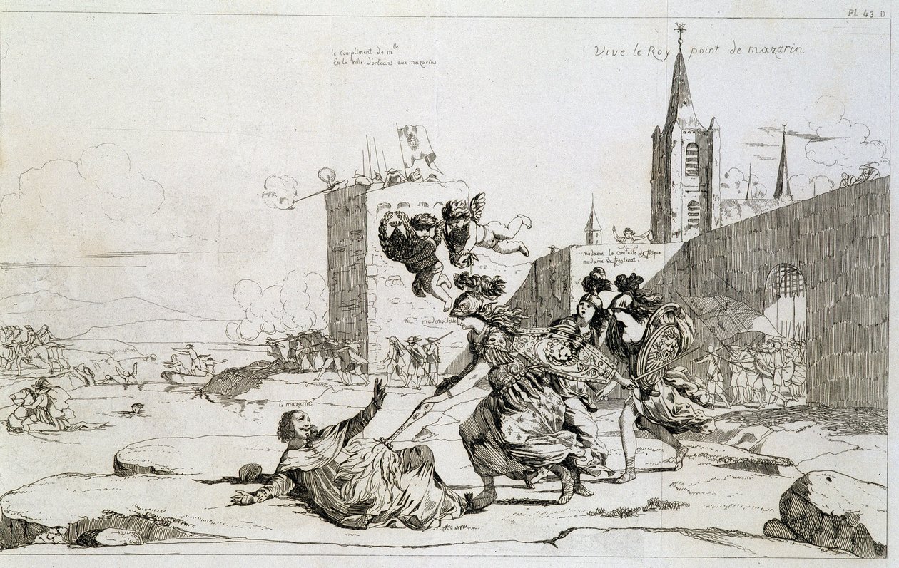 Tegneserie som viser Mademoiselle de Montpensier (Grande Mademoiselle) "" feiende ut av Frankrike Mazarin og hans støttespillere"" av French School