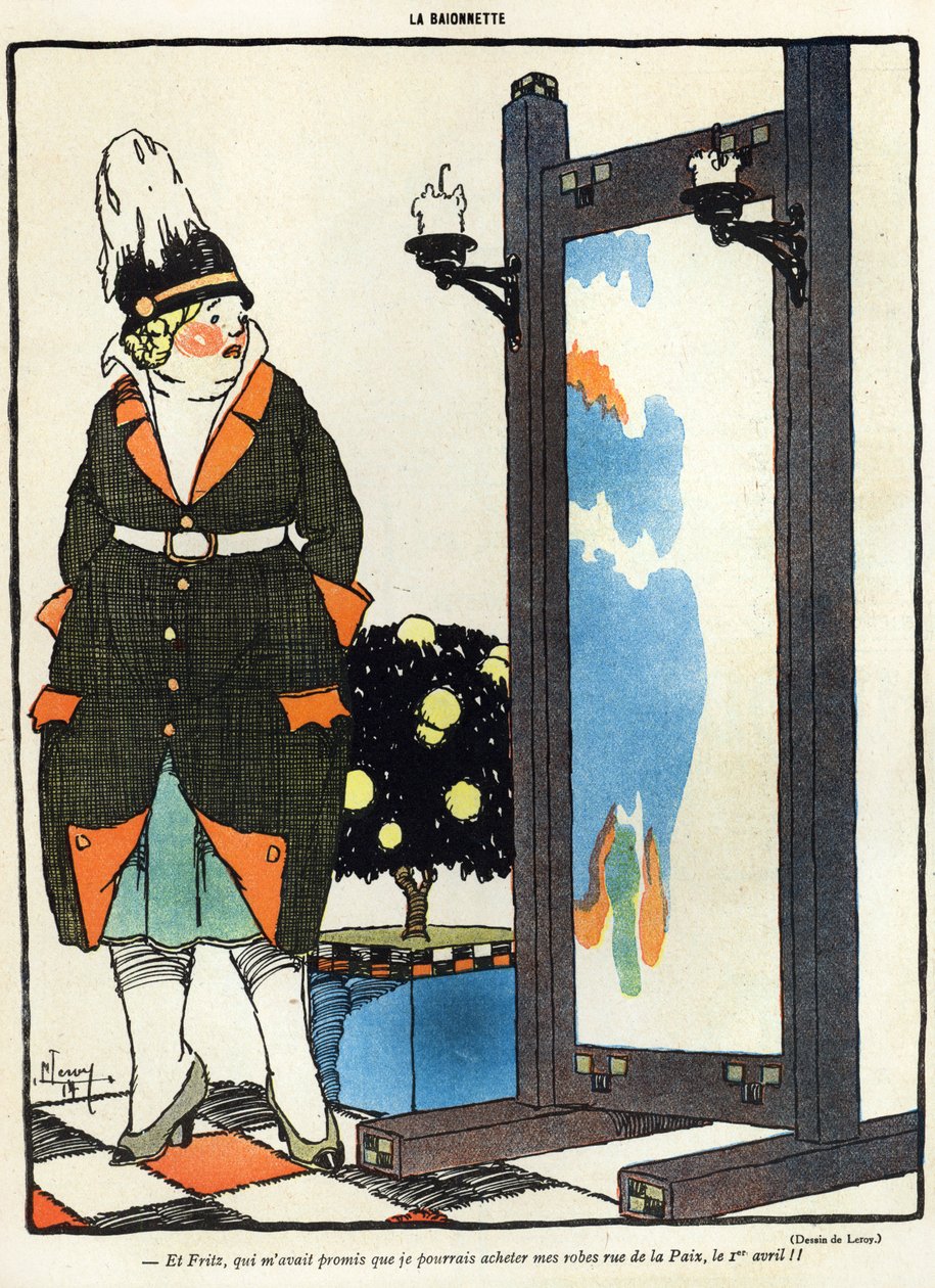 Tegneserie som viser en tysk dame skuffet over ikke å kunne kjøpe de nye klærne sine i Paris i rue de la Paix, fra aprilsnarren (Poisson dAvril)-utgaven av magasinet La Baionette, 29. mars av French School