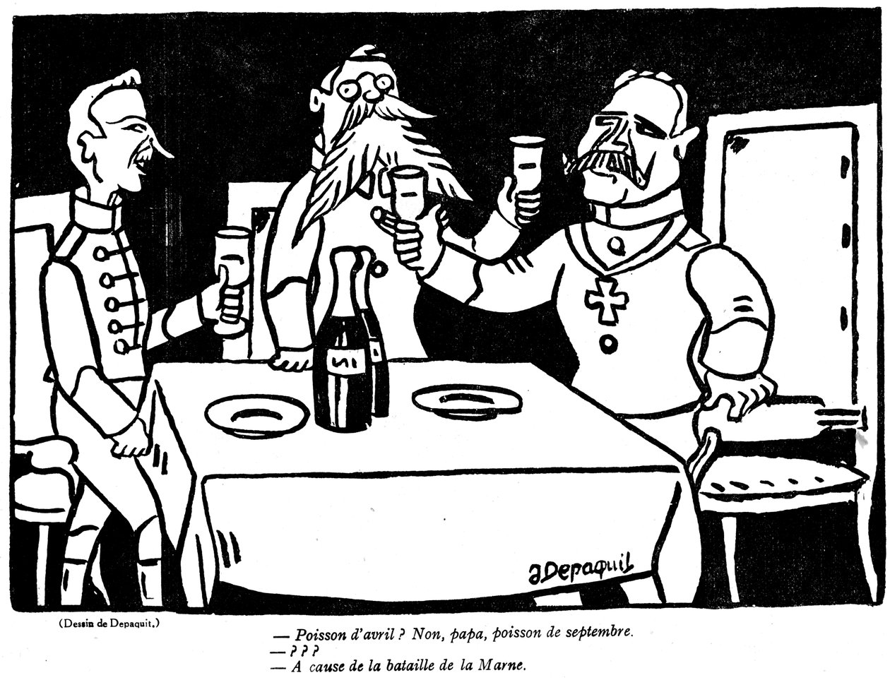Tegneserie som viser en tysk soldat og faren hans med en satirisk hentydning til den tyske katastrofen i Marne, fra aprilsnarren (Poisson dAvril)-utgaven av magasinet La Baionette, 29. mars 19. av French School