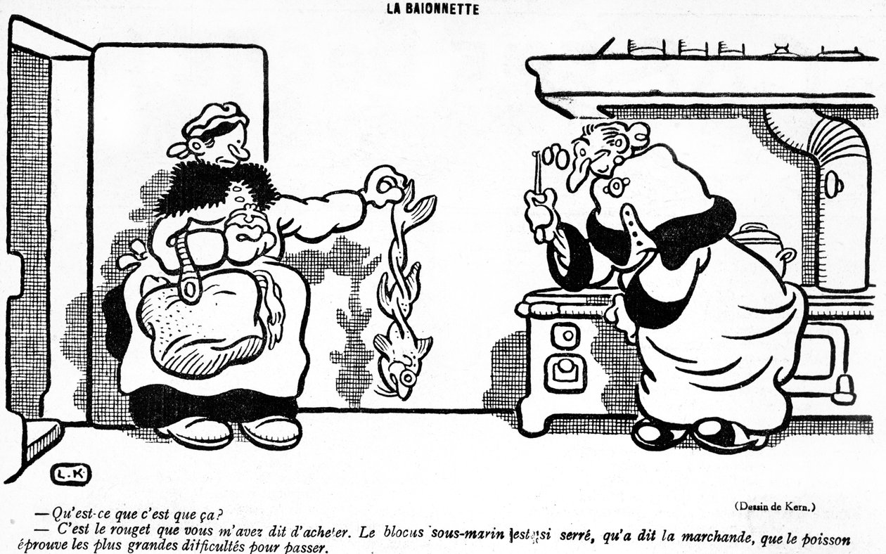 Tegneserie som viser den katastrofale effekten av ubåtblokkaden på en fisk kjøpt på et fransk marked, fra aprilsnarren (Poisson dAvril)-utgaven av magasinet La Baionette, 29. mars 1917 av French School