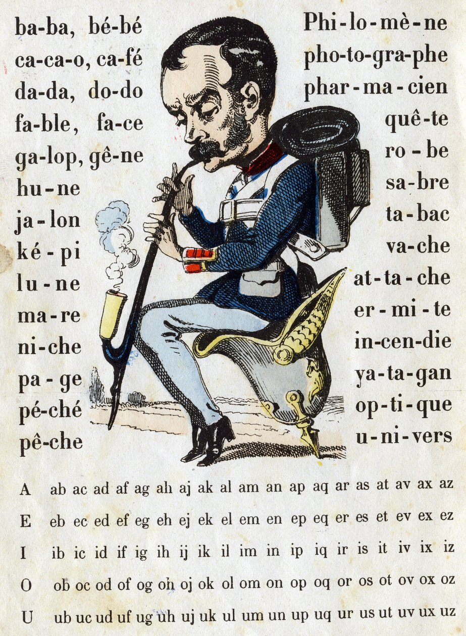 Tegneserie i en prøyssisk slagskipsdrakt. ABC militær (alfabet - abecedary). Avbildning av Epinal av French School