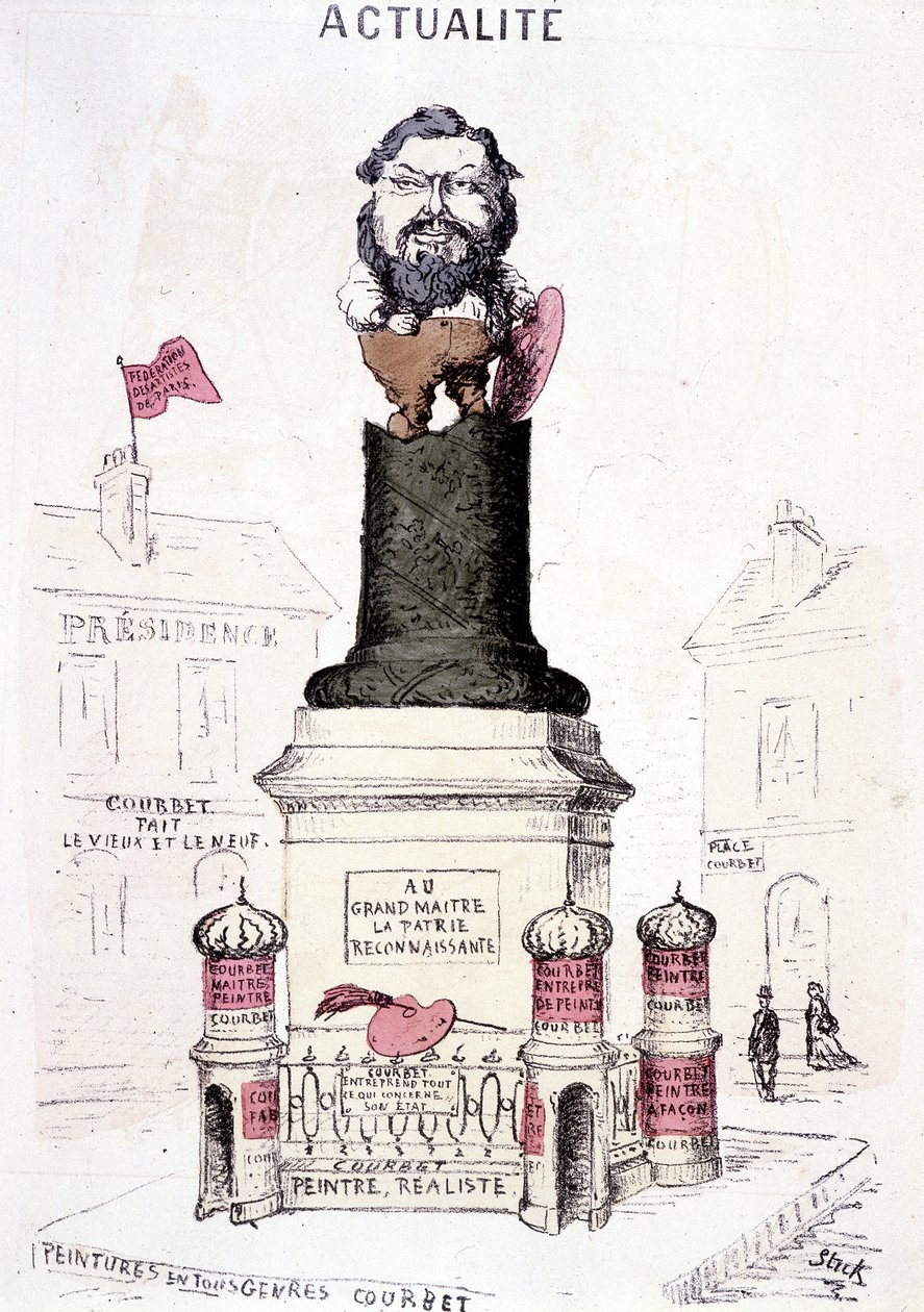 Tegneserie av Courbet i statue på den avkortede bunnen av Vendôme-søylen. av French School