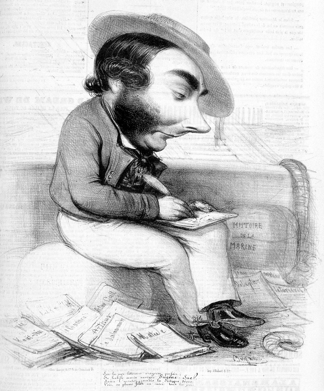 Tegneserie av Eugène Sue som skriver, omgitt av hans publikasjonsserier i pressen - i "" Le Charivari"", ca 1840 av French School