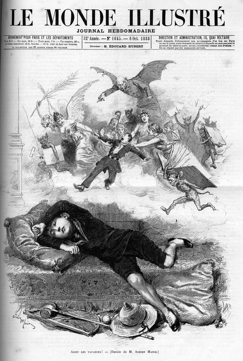 Tegneserie av en ung skolegutt som irettesetter fra slutten av ferien som nærmer seg klasseleie i 1888. av French School