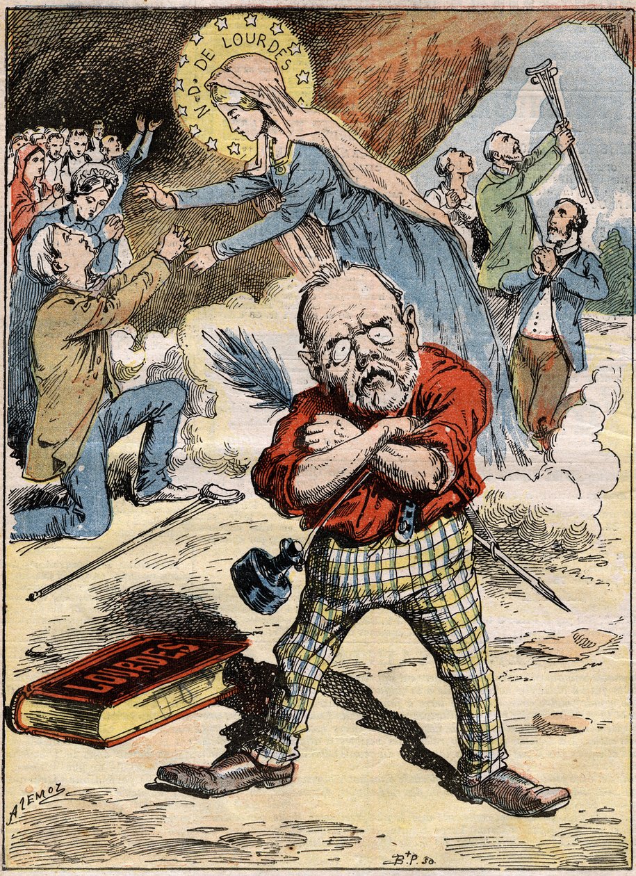 Tegneserie av forfatteren Emile Zola (1840-1902) som er forvirret over hengivenheten til de troende i Lourdes, til tross for hans kritikk av emnet uttrykt i romanen "Lourdes". Gravering i "" Le Pelerin"" av 30. august av French School