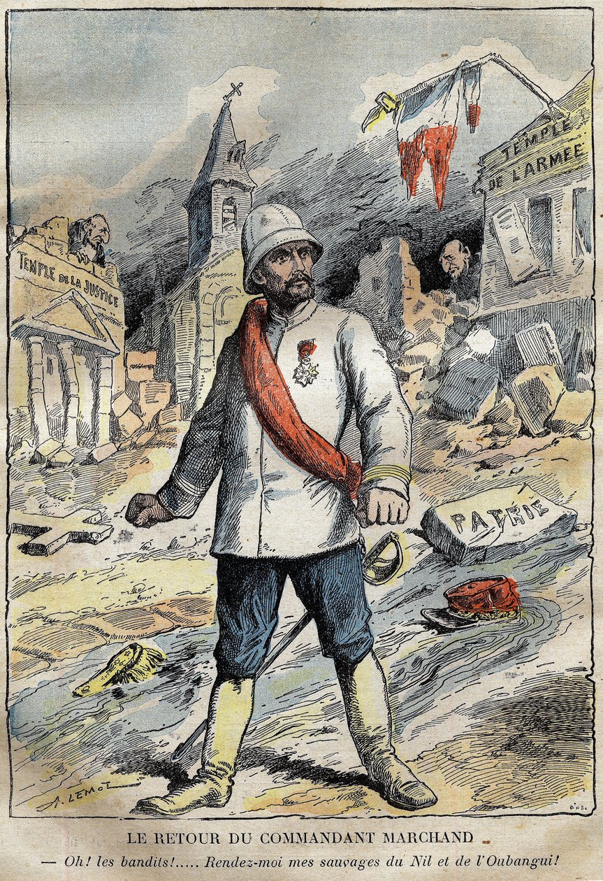Tegneserie om kommandør Jean-Baptiste (Jean Baptiste) Marchand (1863-1934), i Toulon, på vei tilbake fra et leteoppdrag (1896-1899) i Afrika. Gravering i "" Le Pelerin"" 4/06/1899. av French School