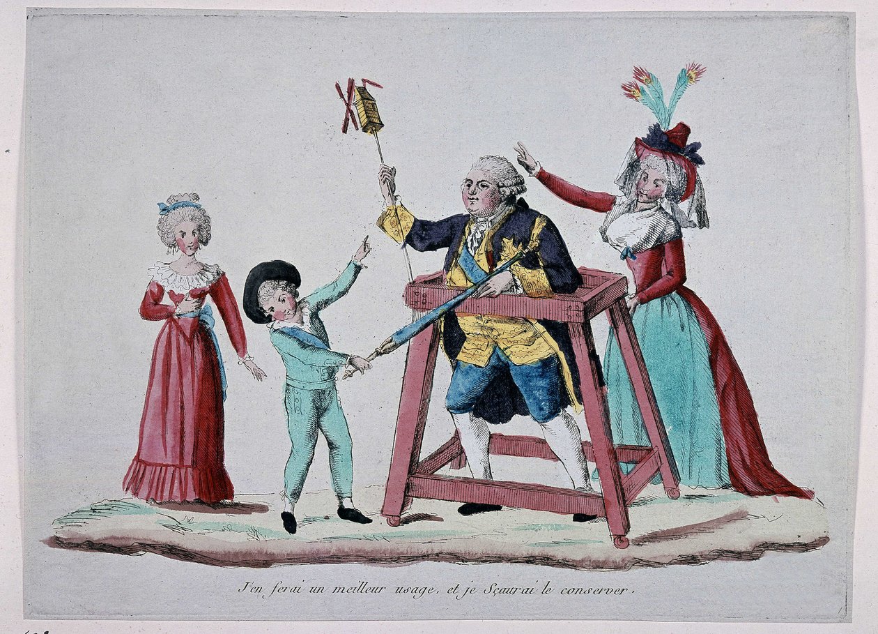 Tegneserie om kongefamilien (Louis XVI og Marie Antoinette med barna deres) under den franske revolusjonen, rundt 1790 - Musee Carnavalet av French School