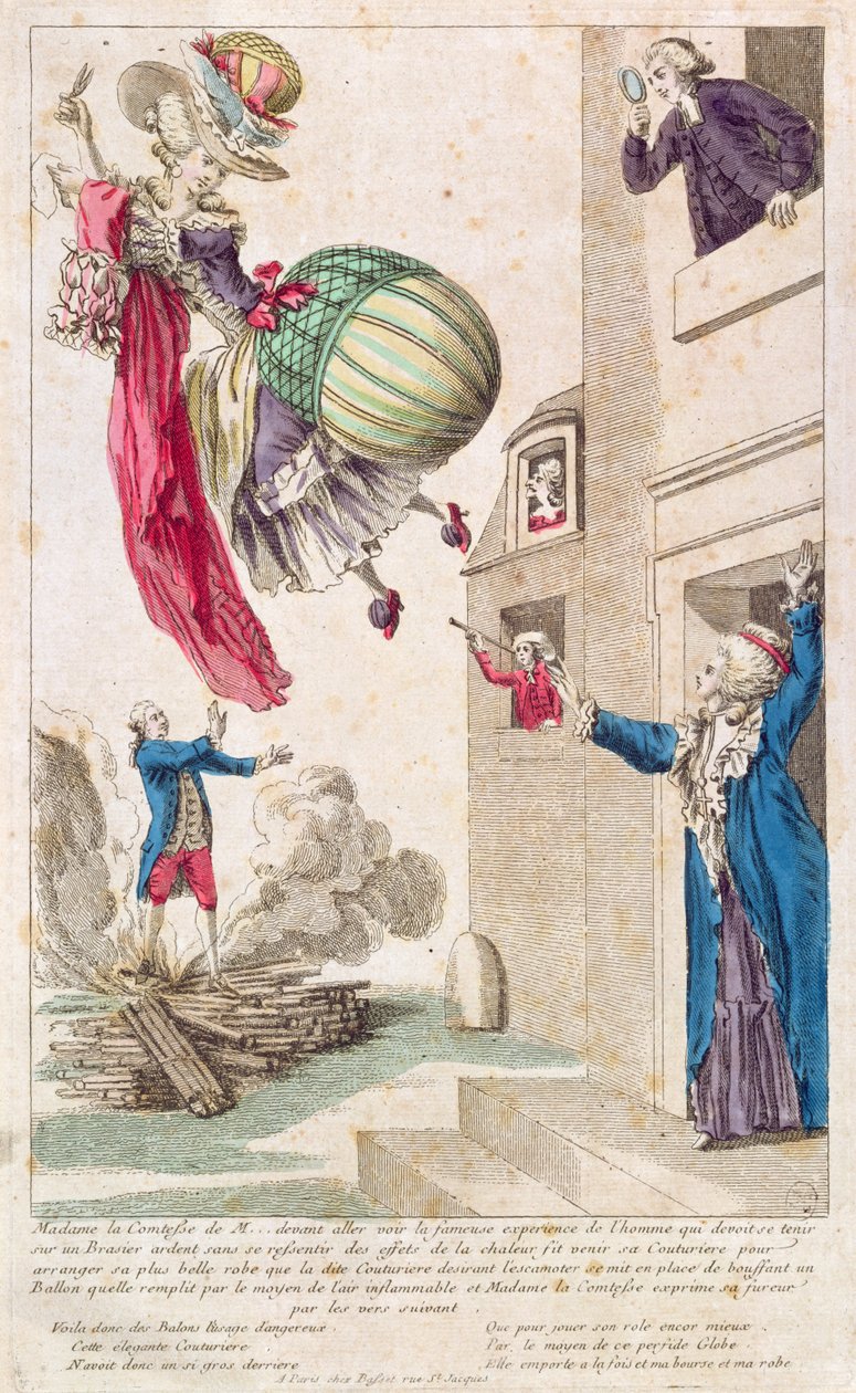 Tegneserie som latterliggjør mote og ballongflyging, ca. 1783-4 av French School