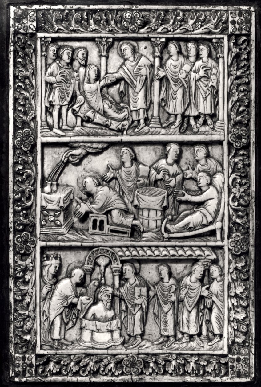 Utskåret plakett for et bokomslag som viser scener fra livet til St. Remigius (ca. 437-533) og dåpen til Clovis I (465-511) av French School