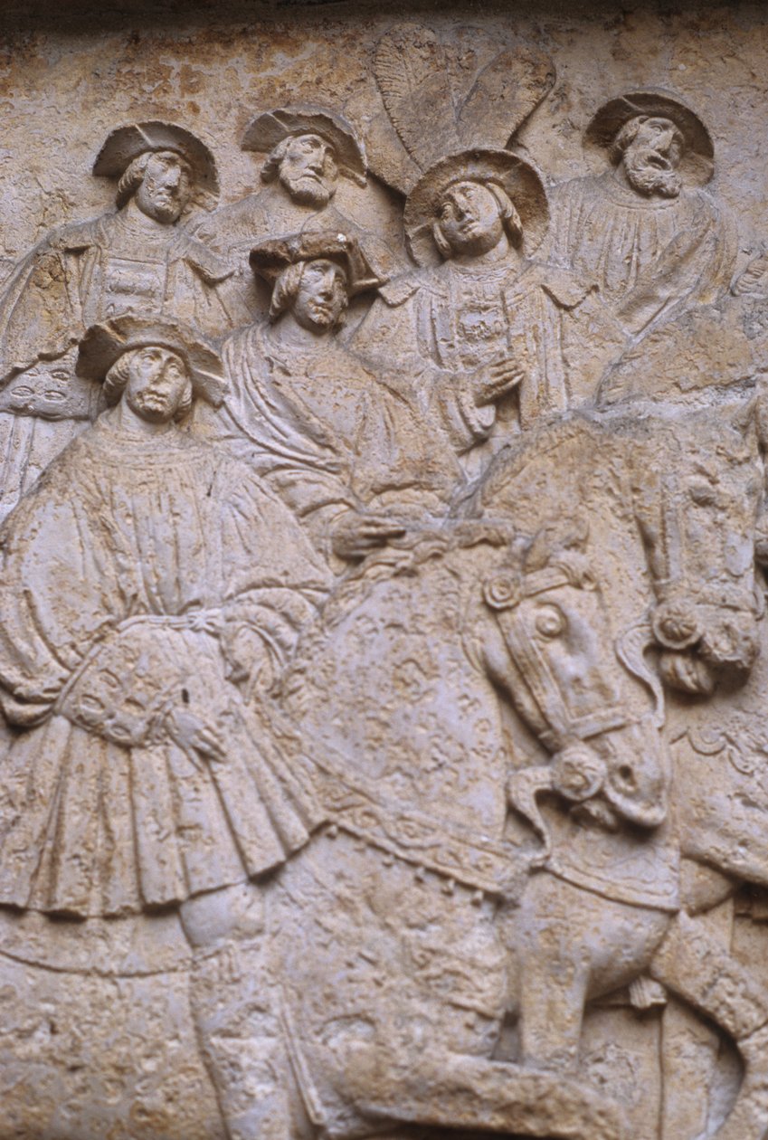 Utskåret steinrelieff i den indre gårdsplassen som viser Field of Cloth of Gold, fra Hotel de Bourgtheroulde, Rouen, Normandie, 1501-37 av French School