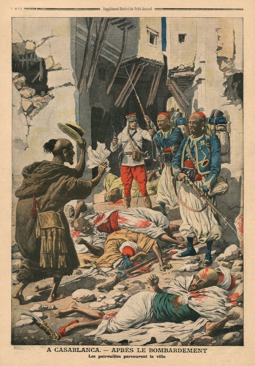 Casablanca etter bombingen, illustrasjon fra 'Le Petit Journal', tilleggsillustre, 25. august 1907 av French School