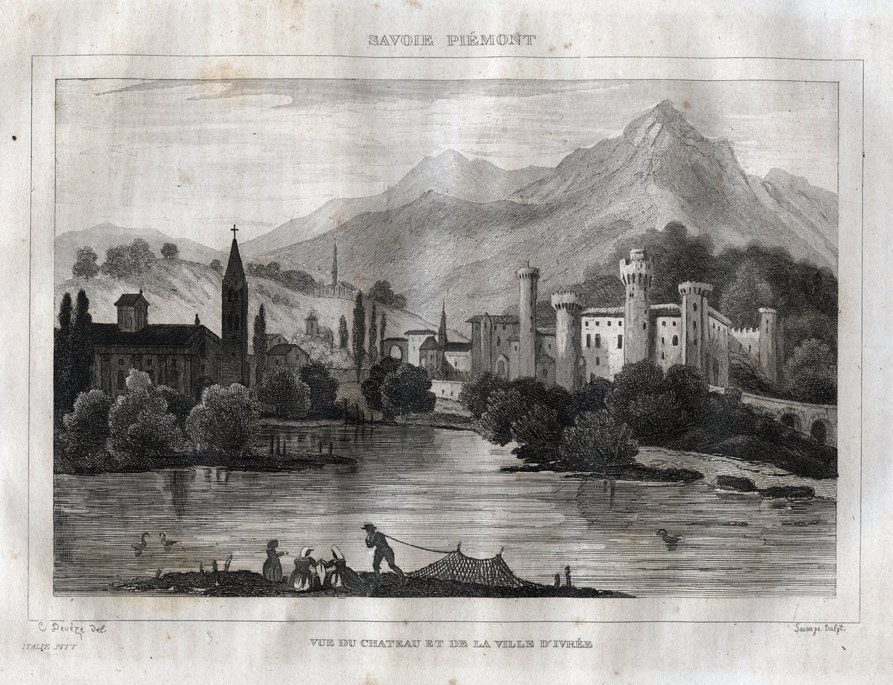 Castle of Ivrea - Castello di Ivrea - Gravering fra "" Pittoreske Italia"" av M. de Norvins, Ch. Nodier 1834-1836. av French School