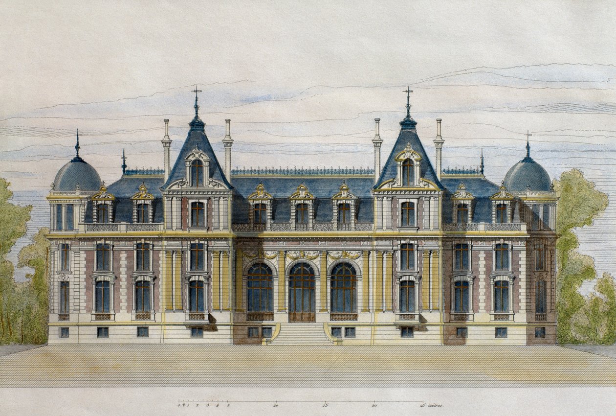 Castle of Neuflize som tilhører Pate Brothers, hagefasade, illustrasjon fra Le Moniteur des architectes, 1884, gravert av F. Penel (fargegravering) av French School
