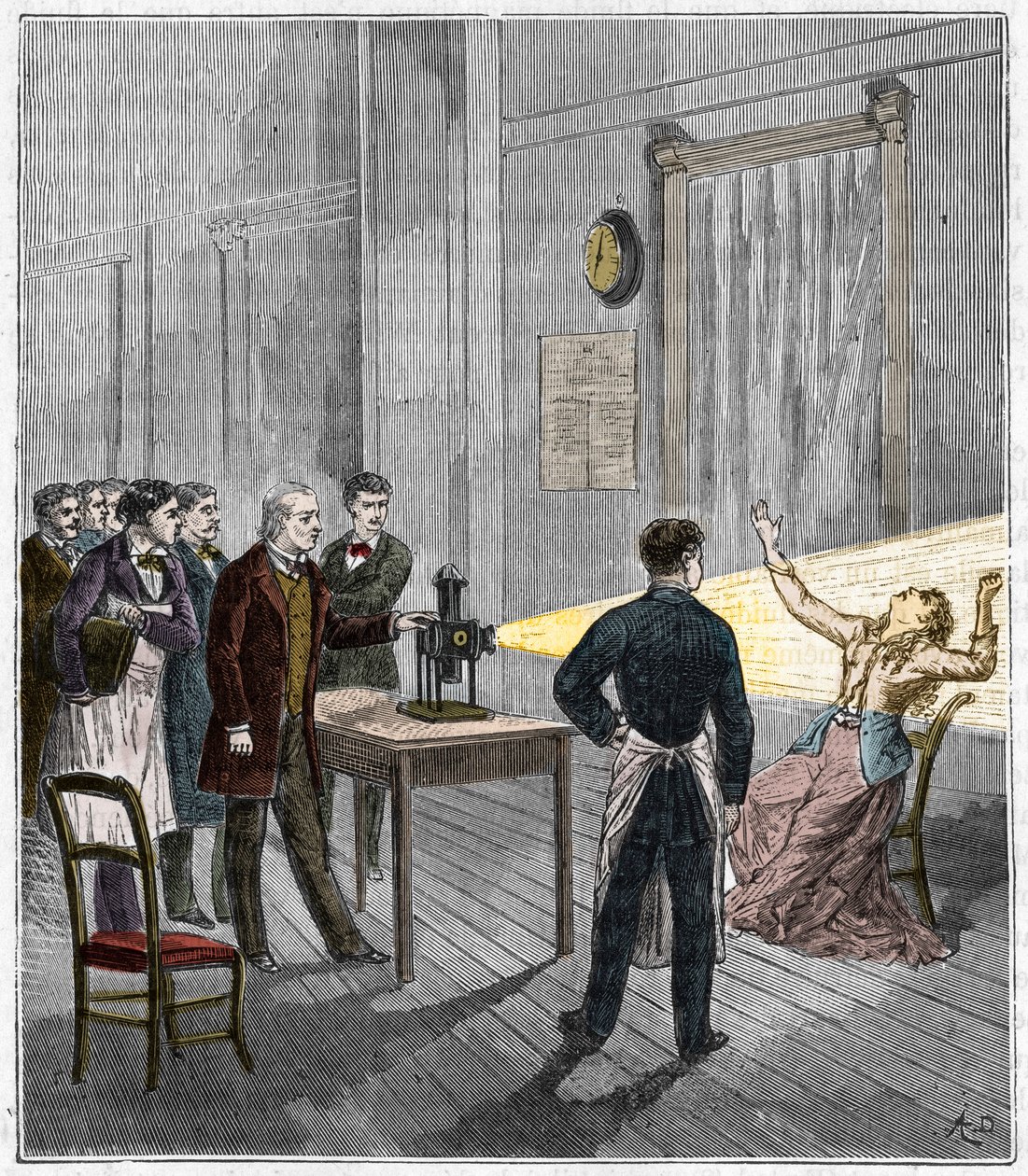 Catalepsy produced under the influence of light - The French neurologist Jean Martin Charcot (1825-1893) studying the phenomene of hypnosis on a patient at Salpetriere hospital using a magic lantern - Catalepsy - Jean Martin Charcot (1825-1893), French neu av French School