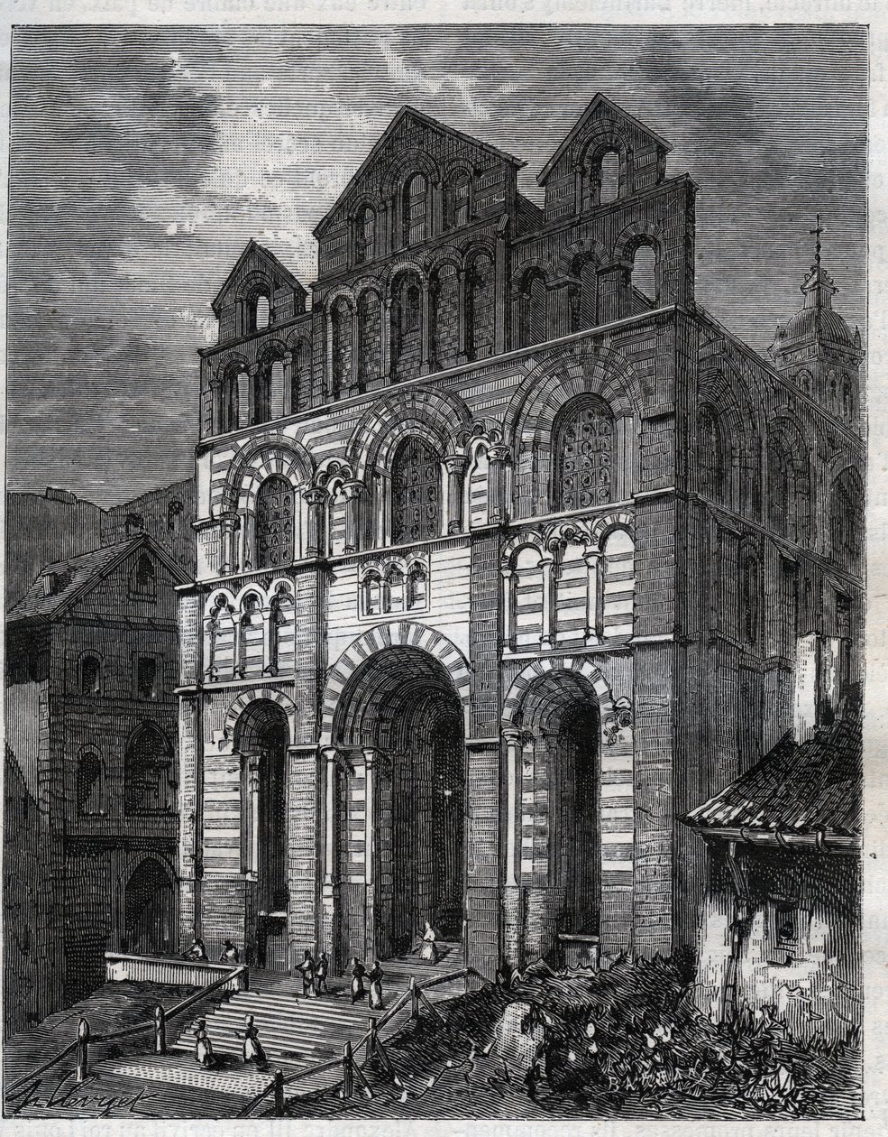 Vår Frue katedral av bebudelsen av Puy en Velay (Puy-en-Velay) - gravering i "La France illustrée: geografi, historie, statistisk administrasjon" av V.-A. Malt brun. 1884 av French School