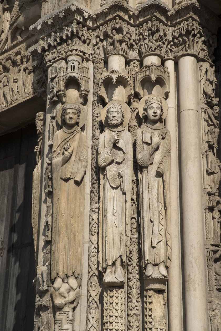 Cathedrale de chartres, detalj av det venstre utbruddet av bukten til høyre for den kongelige porten, fra venstre til høyre, en konge, Roland, louis vii av French School