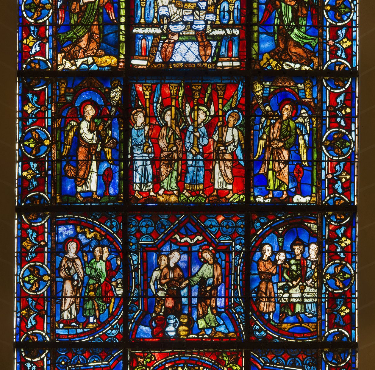 Cathedrale de chartres, farget glass: vår frue av det vakre glasset med under Kristi offentlige liv detaljsenter av French School