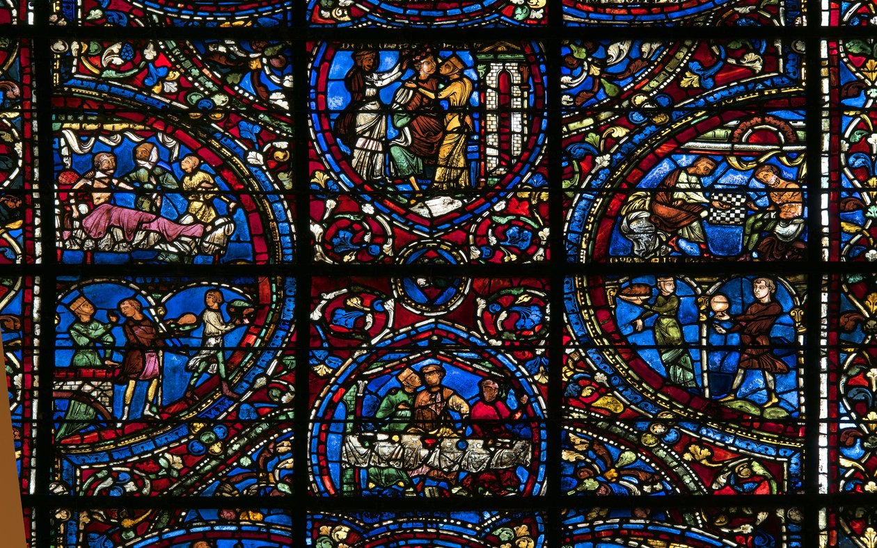 Cathedrale de chartres, farget glass: lignelse om detaljen om den fortapte sønn av French School