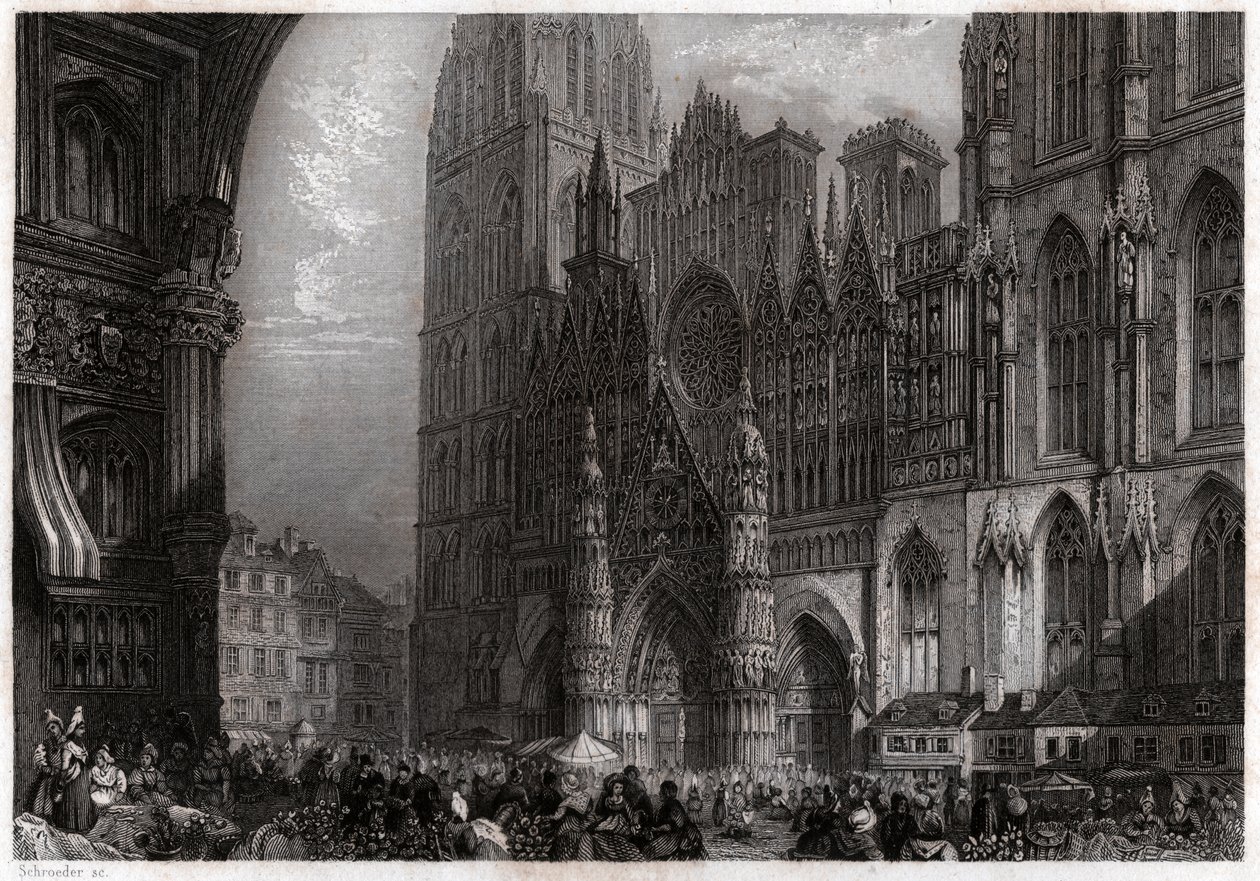katedralen i Rouen. (gravering, ca. 1850) av French School
